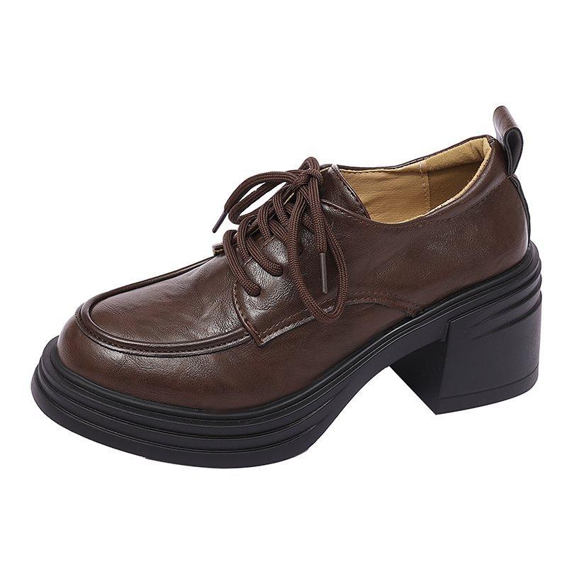 Deep-mouth High-heeled Shoes Platform Spring and Autumn Single Shoes Women's Retro Round Head Thick Heel New 2025 Lace-up British Style Small Leather