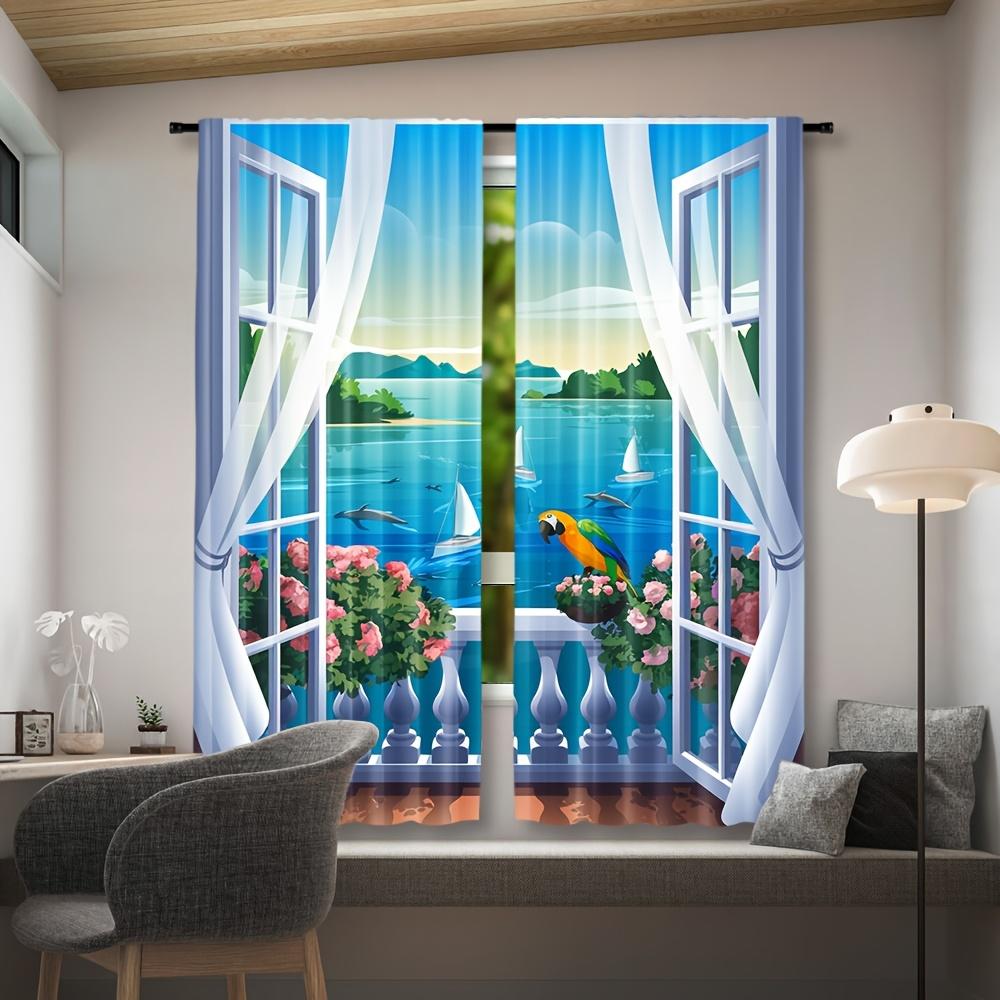 Set Of 2 Coastal Seaside Print Curtains Semi Living Room Bedroom Bathroom Decor Curtain Sheer With Rod Pocket Polyester Ideal For