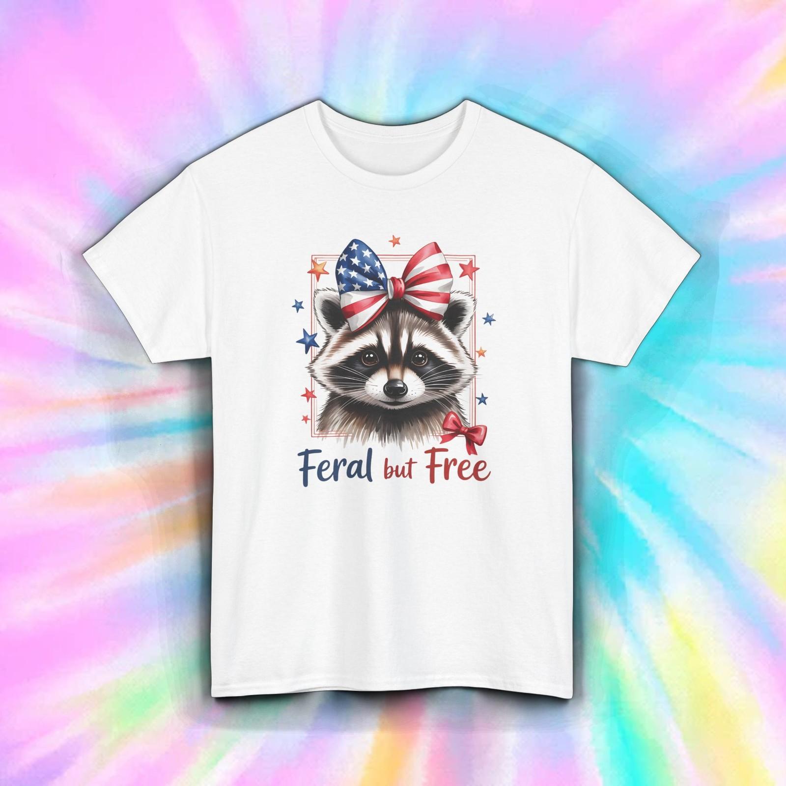 Feral But Free Raccoon Shirt | Funny Patriotic USA Flag Bow Graphic Tee XL