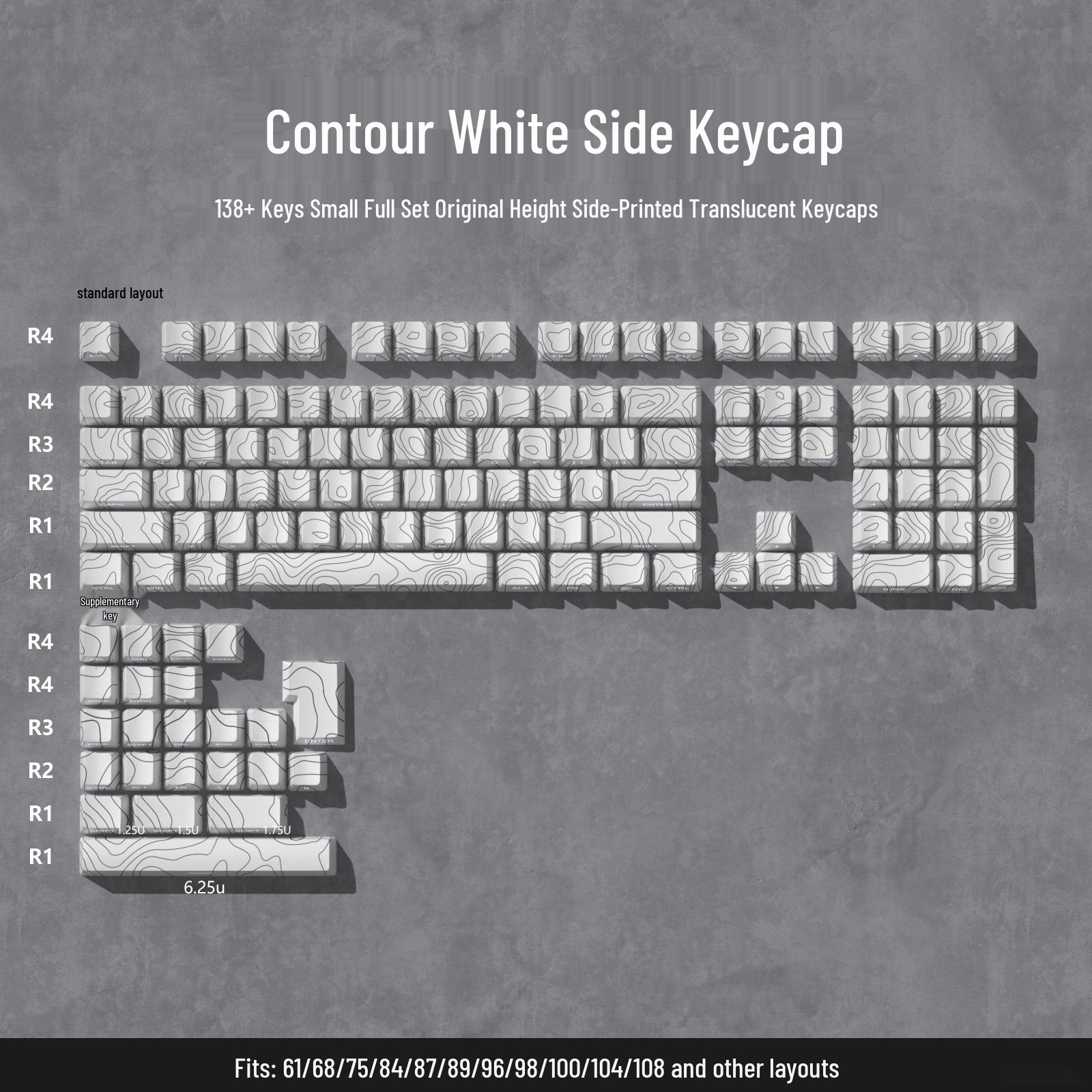 

White Contour Topography PBT Dye-Sub Side-Engraved Translucent Keycap Set - Personalized Creative Design. 38*16*3 cm