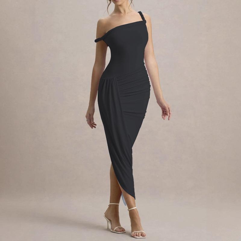 Slant Neck Suspender Women's Dress Sexy Pleated Slim-fitting Irregular Hem Dress