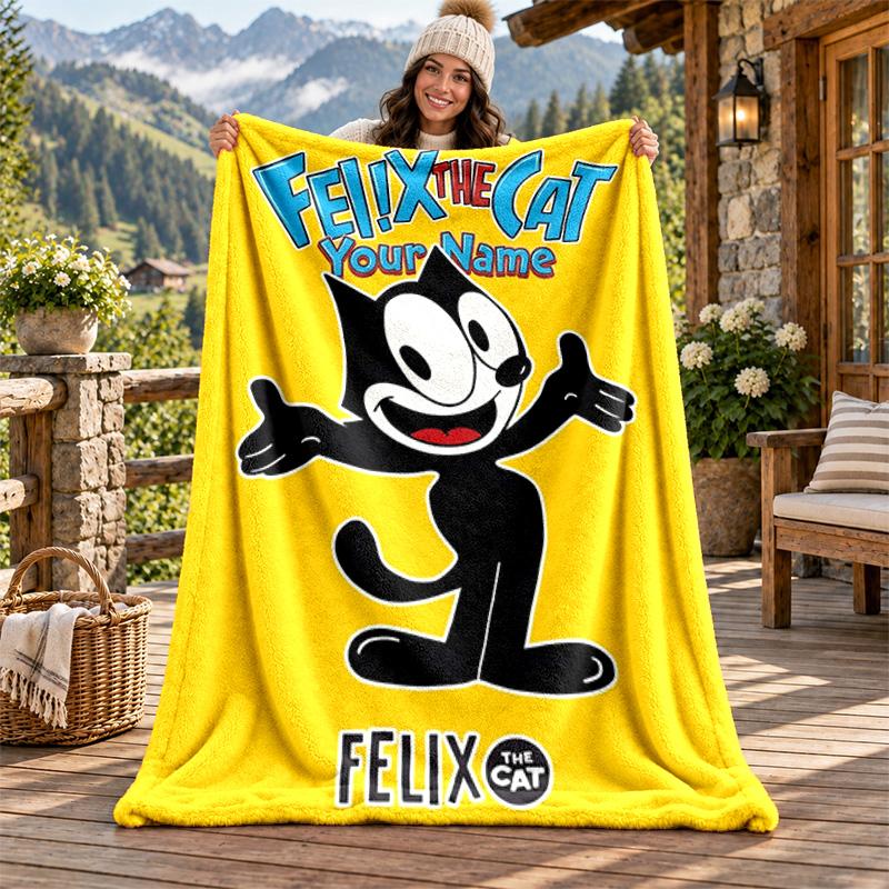 Felix the Cat Custom Name Flannel Blanket Personalized Soft Warm Plush Throw Blanket Customized Gift for Family Friends