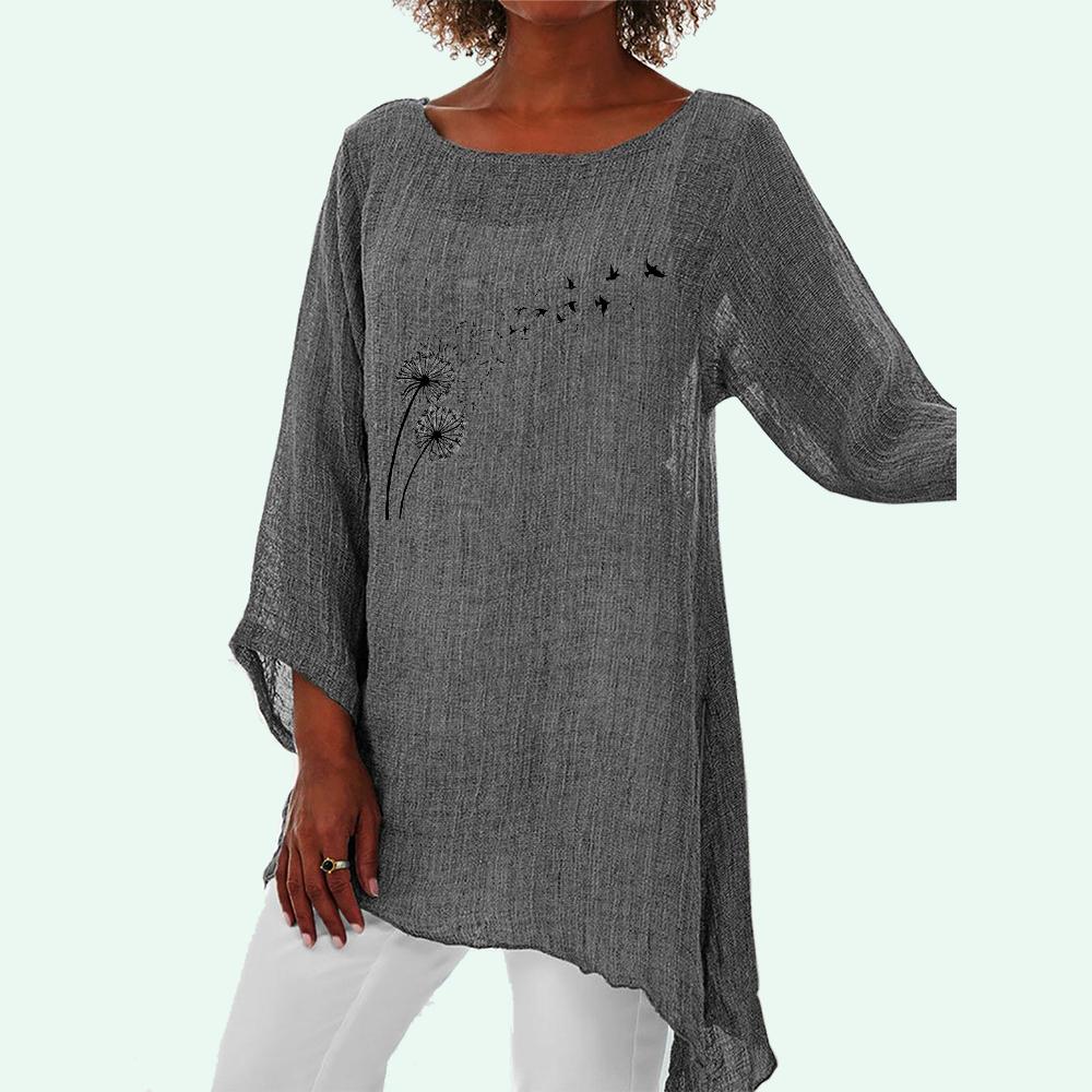 Women Fashion Print 3/4 Long Sleeve Thin Top Fashion Loose Shirt Female Round Neck Linen Shirt