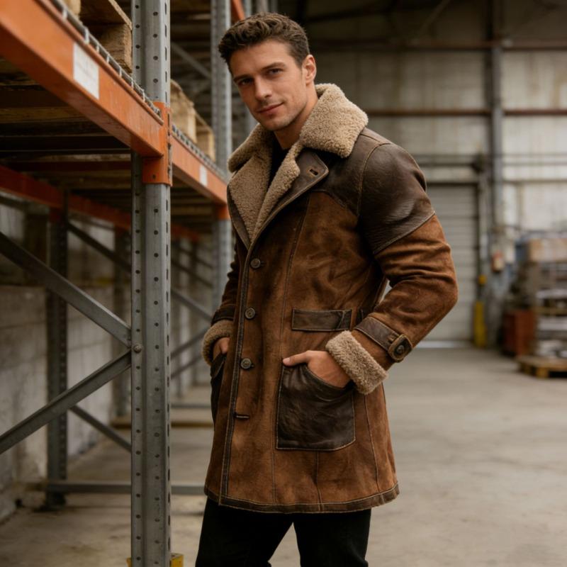 Mens Vintage Patchwork Suede Fleece Lined Thick Long Winter Jacket Coat