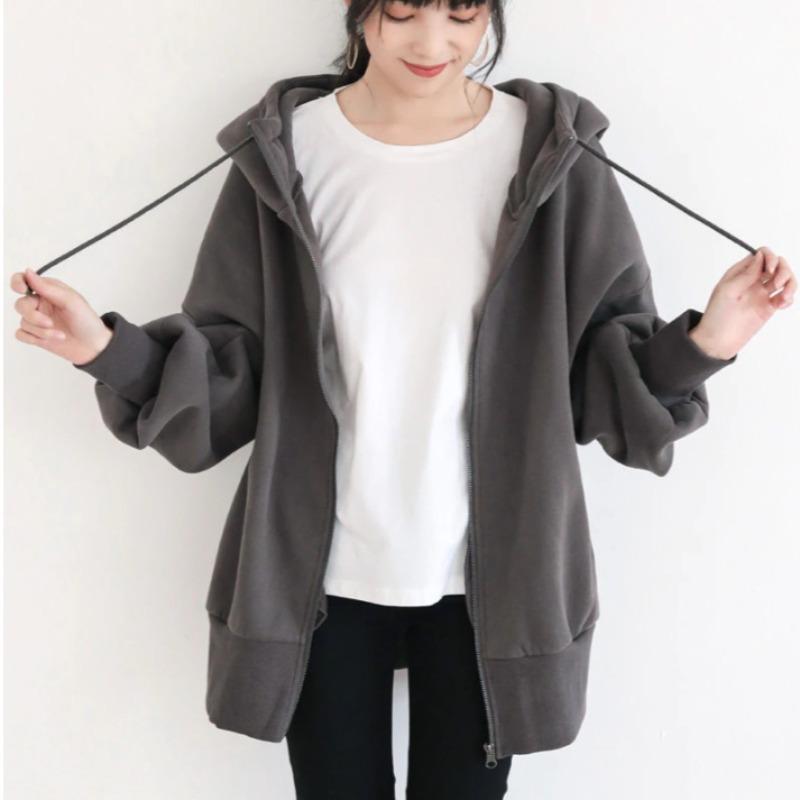 Women's Loose Long Sleeve Drawstring Sweatshirt Oversized Solid Color Zipper Hoodie  Mid-length Warmth Pocket Coat