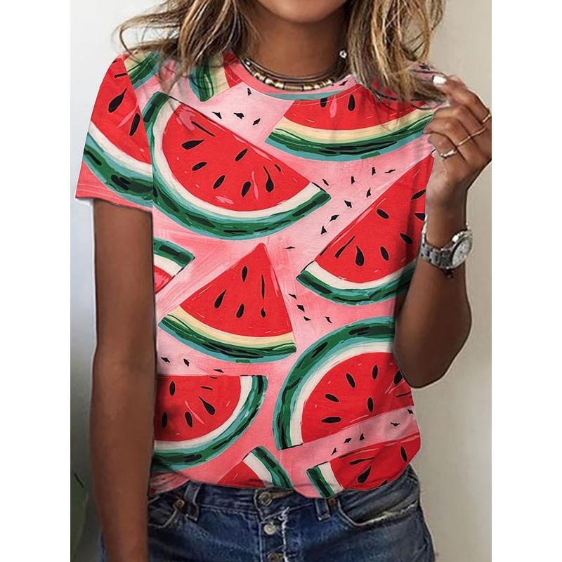Summer Cool Watermelon Print Women's Short-sleeved Top Beach Vacation Casual Women's Fashionable T-shirt Urban Street Daily Top