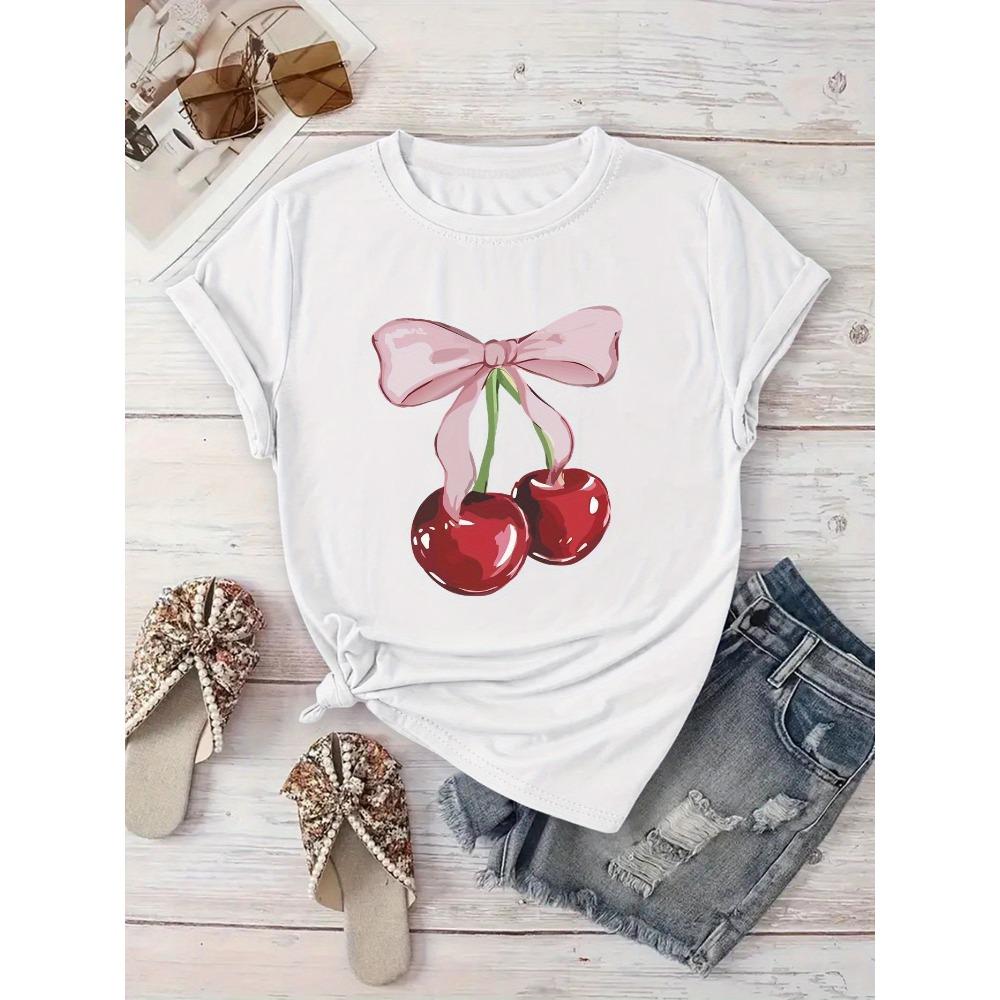 T-shirt med tryckt körsbärsbågmönster för damers fritid och semester, kortärmad, rundhalsad, för vår- och sommarkläder