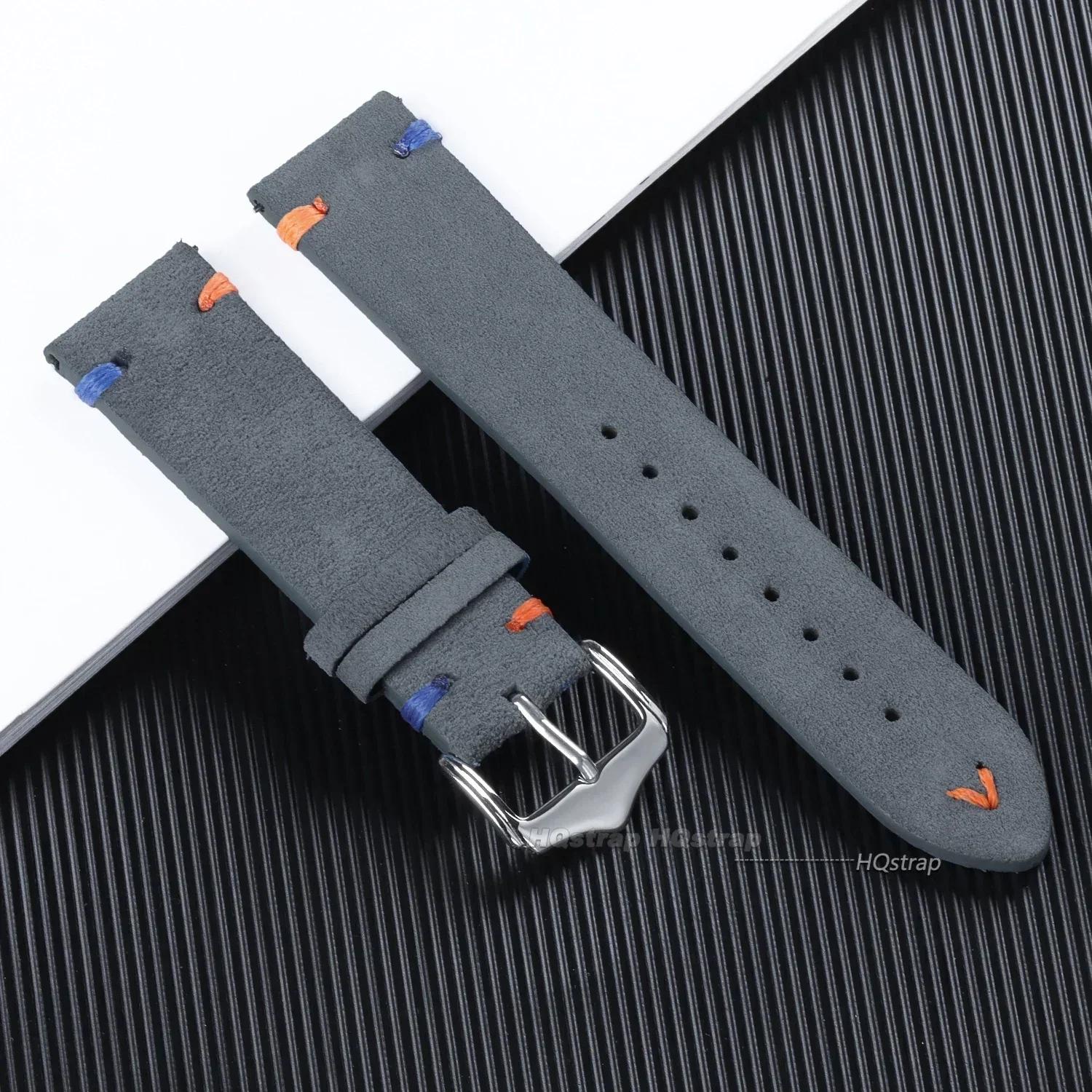 

18mm 20mm 22mm Vintage Suede Leather Watch Strap for Seiko for Samsung Watch 5 4 3 Handmade Stitching Quick Release Bracelet 18mm&steel buckle серый