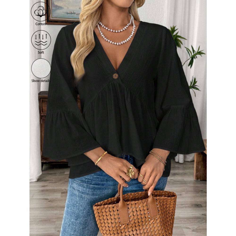 New Solid-color V-neck Lotus Leaf Sleeve Top for Women in Spring and Summer