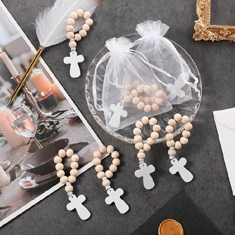 18Pcs Wood Beads Rosary Bracelets with Bag for Church Activity and Babys Room