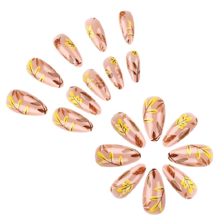 24Pcs Maple Leaf Desings Halloween Stick on Nail Thanksgiving Gift Almond False Nails for a Festive Autumn Nail Makeover