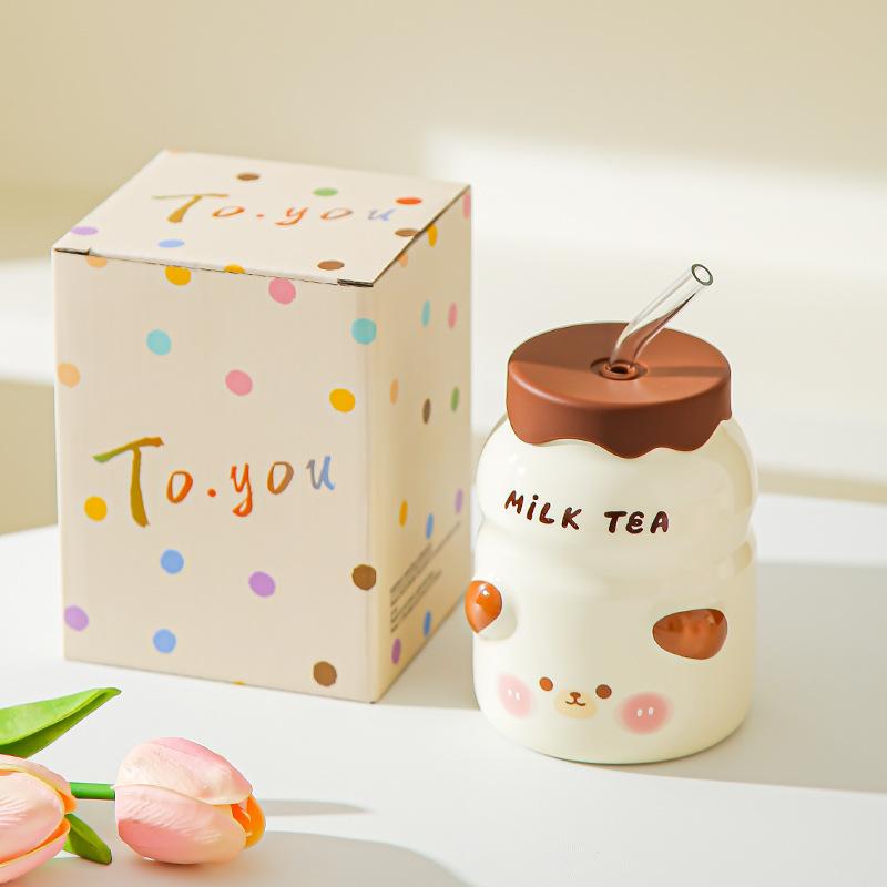 Animal ceramic straw cup with lid Summer essential water cup Girls household cup Juice cup Cold drink cup