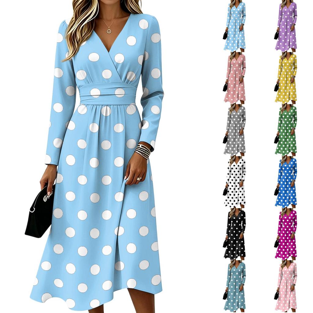 Women's Casual Polka Dot Printed Long Sleeve V-Neck Dress with Pockets