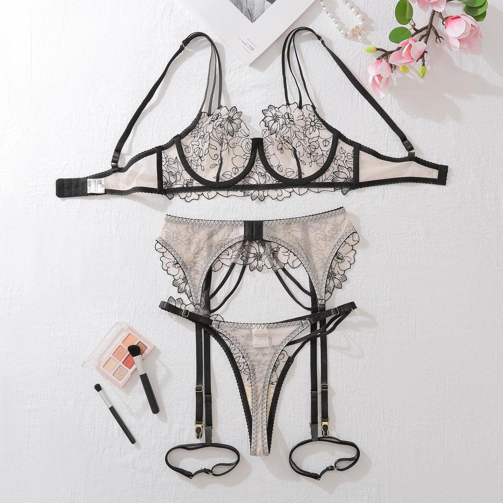 Sexy Sheer Lingerie Set for Women Floral Embroidery Multi-strap Bra Set Adjustable Split Lingerie Set