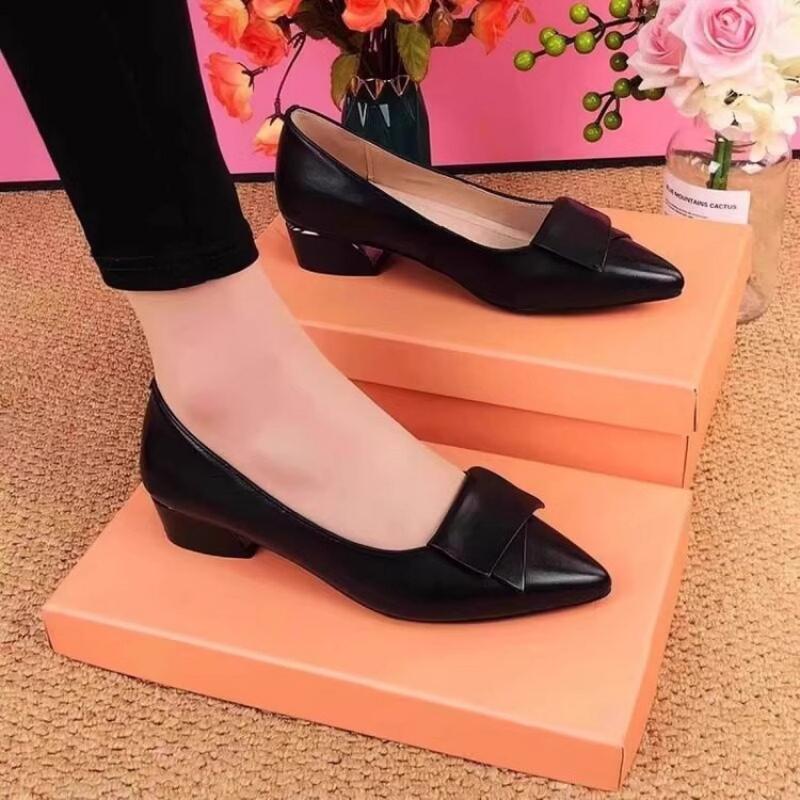 Spring Women's Pointed-Toe Chunky Heel Pumps Soft Leather Low-Heel Work Shoes Minimalist Versatile Black Commuting Shoes