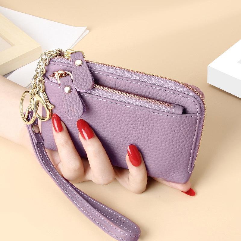 Women's Genuine Leather Mini Wallet Multi-Card Slots Coin Pouch with Keychain Handheld Zip Change Purse Stylish Compact Daily Accessory for Ladies