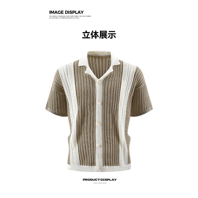 Men s Beige White Color Block Hollow-Out Knit Short Sleeve Cardigan Polo Shirt S хаки
