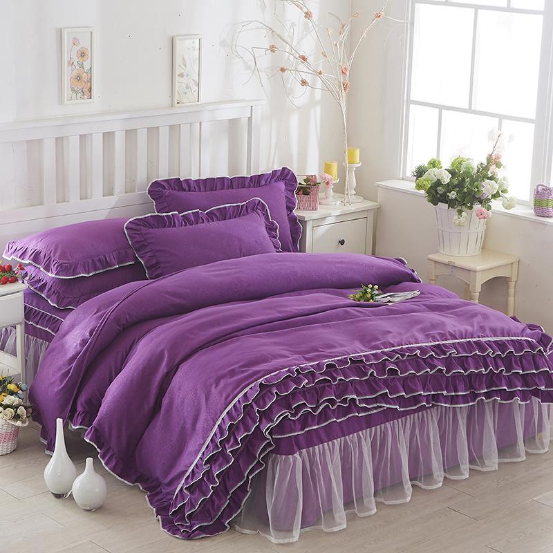 Korean Princess Duvet Cover 4 Piece Set Solid Color Ruffles Lace Quilt Cover And Pillowcase For Girl Woman Romantic Bedspread