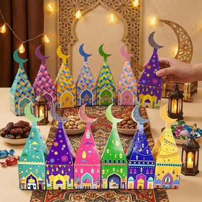12Pcs Paper Eid Mubarak Gift Box Favor Bags Moon Castle Pattern Moon Lantern Box Surprise Gift Decoration Ramadan Kareem Box