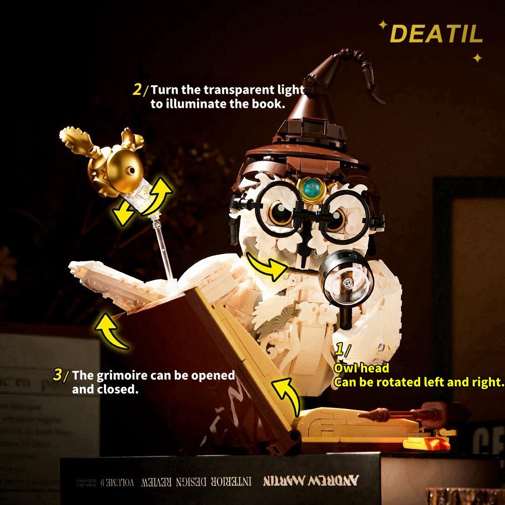 Magische Welt Eule Doktor Zauberbuch und Lichter Bausteine Steine Tiermodelle Jungen Bauspielzeug Kinder Weihnachtsgeschenke