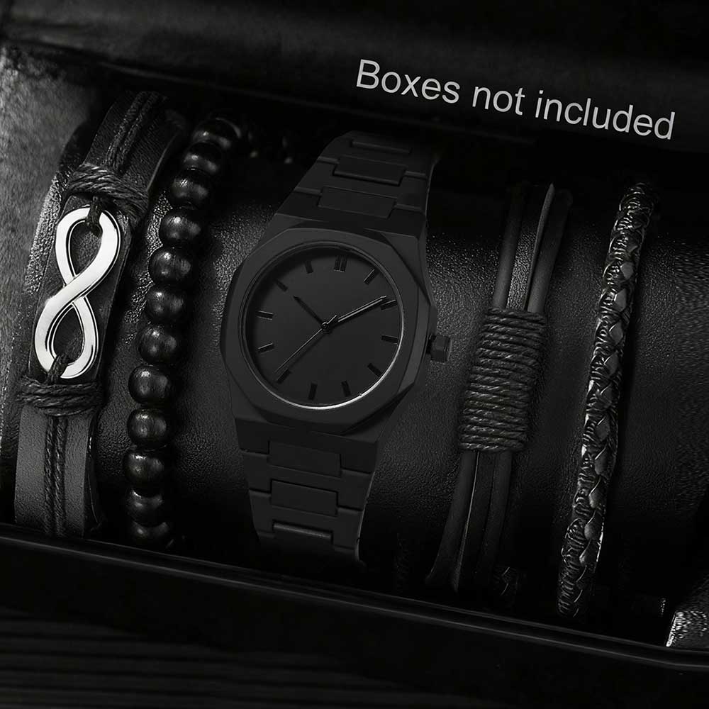 5PCS Black Men's Watch Set Fashion Trend Personalized Simple Quartz Watch Bracelet Set Suitable for Daily Clothing Matching