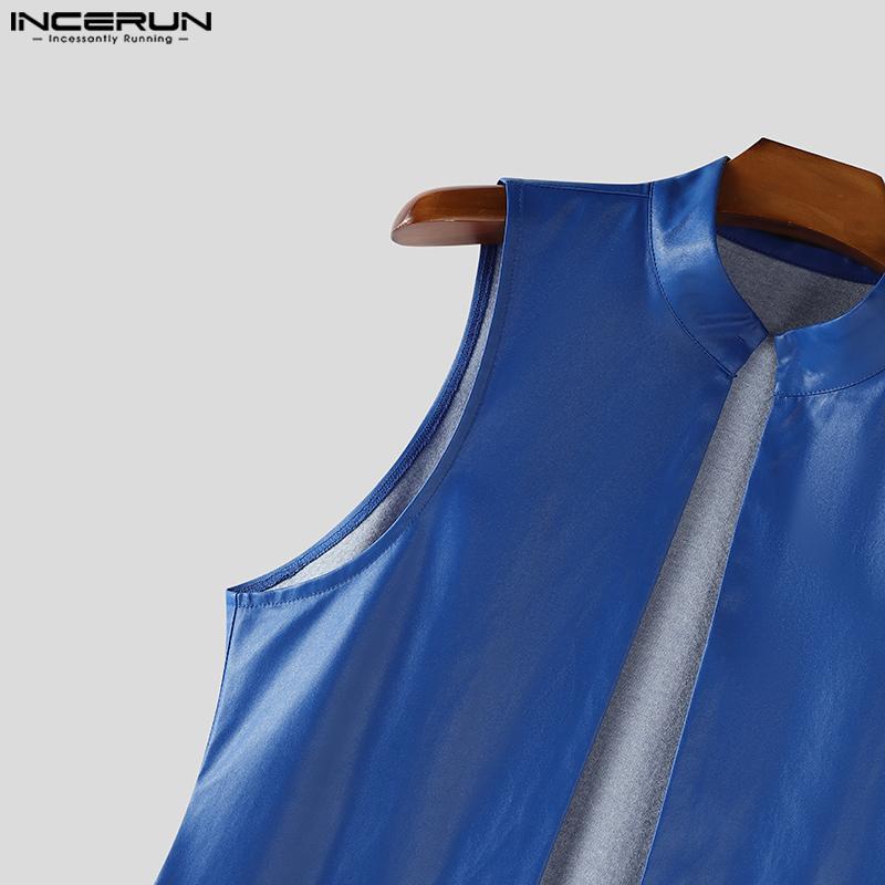 INCERUN Men Stand Collar Sleeveless PU Open Front Faux Leather Long Maxi Cardigan Coats