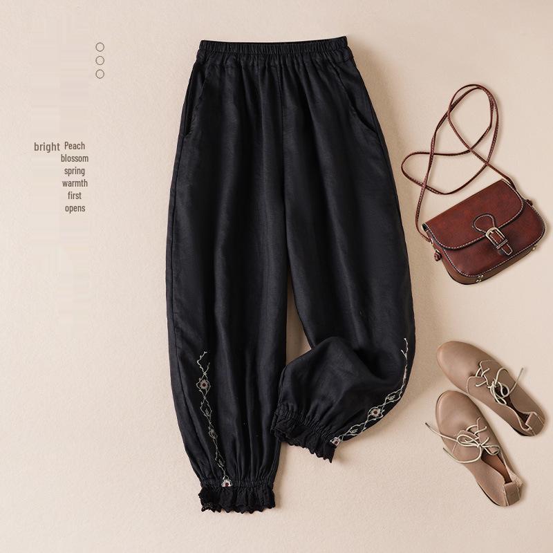 Women's Artistic Embroidery Cotton Linen Harem Pants - Slimming Casual Retro Style