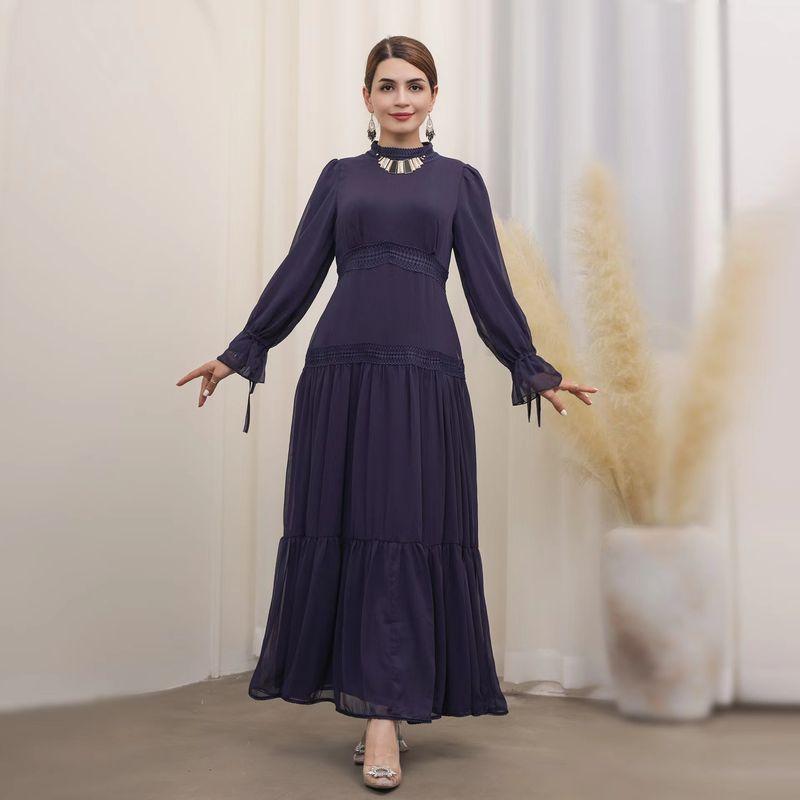 

New Arrival Lace Lacework round-Neck Long Sleeves Waist-Tight Silm Dress round Neck Waist up Dress Dark blue S