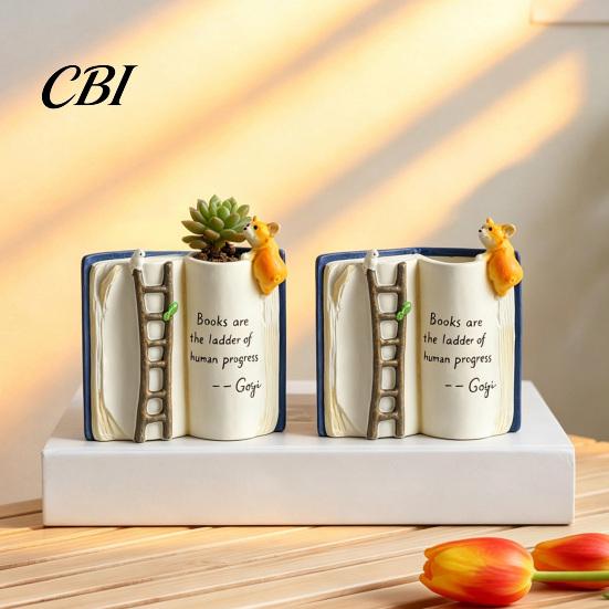 Decorative Vase for Desk Book Shaped Flower Pot, Creative Planter with Ladder Puppy And Bird Design Cute Animal Relief Pot Succulents & Small Plants,