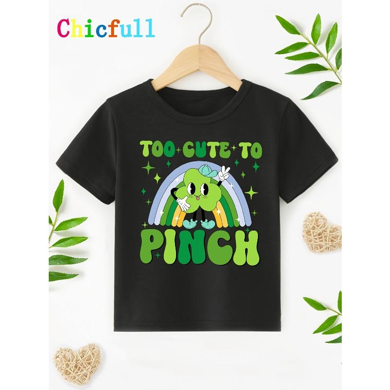 European sizes Children CHICFULL Boys' St. Patrick's Day "Too Cute to Pinch" Rainbow & Green Leaf Print T-Shirt - Casual Round Neck, Polyester Machine