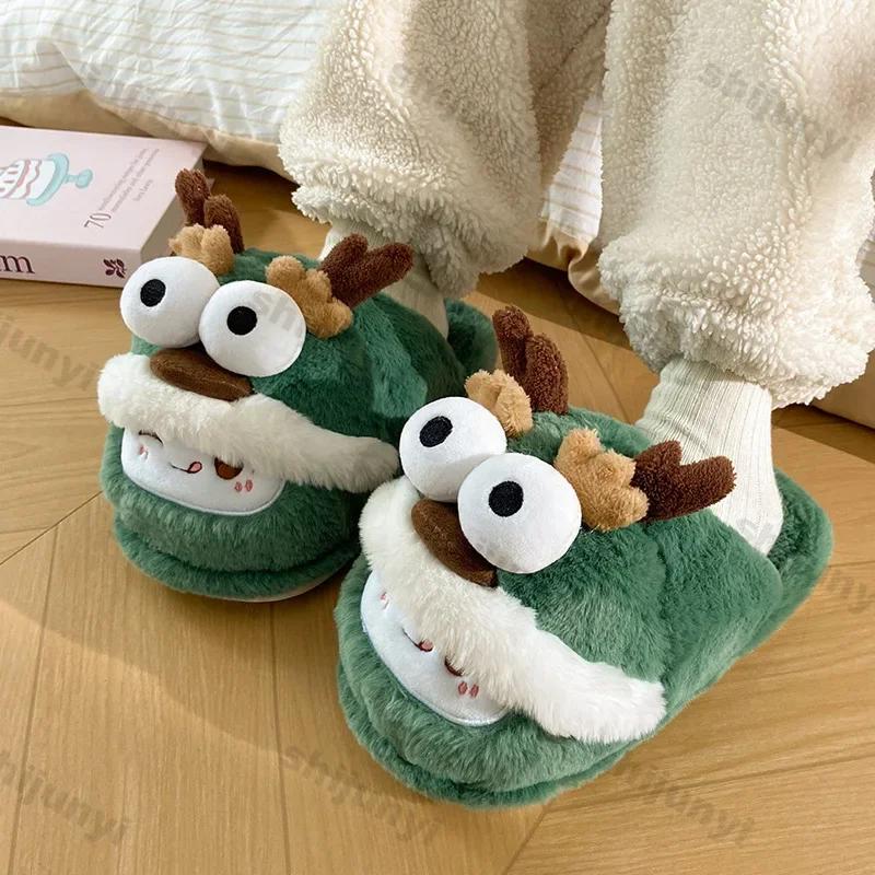 Fashion Women New Cute Christmas Elk Cotton Slippers Winter Fashion Indoor Non-slip Fluffy Slippers Women Warm Soft Fur Thick Sole Shoes