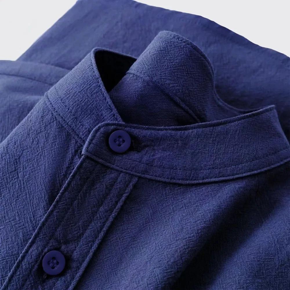 Classic Timeless Textured Cotton Linen Long Sleeve Shirt for Men Breathable Mandarin Collar Button Placket Casual Daily Vacation Tops In Solid Colors