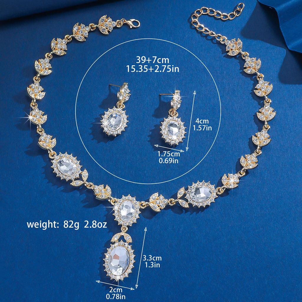 3PC women's fashionable geometric inlaid rhinestone necklace earring set, suitable for parties and holiday gifts
