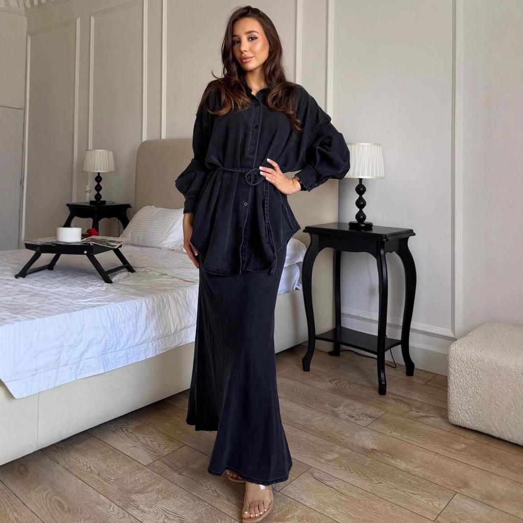2025 Autumn-Winter Fashion: European-American Loose Coat, Shirt, Tie, Denim Skirt Set for Women
