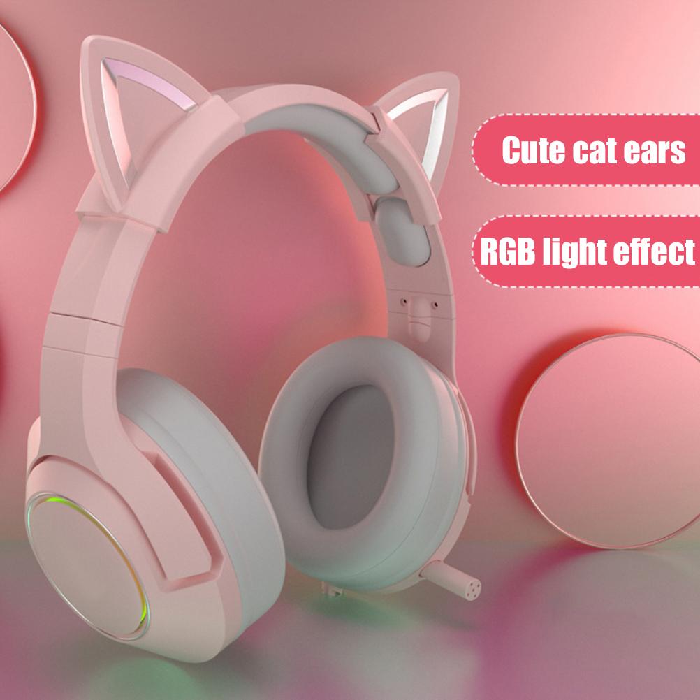 Süße Rosa Katzenohren Kopfhörer 3,5mm Kabelgebundenes Gaming Headset mit Mikrofon K9