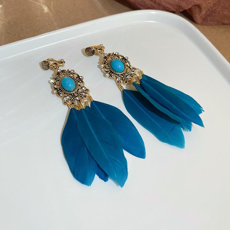 Boho Niebieskie Długie Kolczyki z Frędzlami Damskie Premium Świąteczne Wietrzne Haczyki na Uszy Retro Etniczne Wietrzne Kolczyki