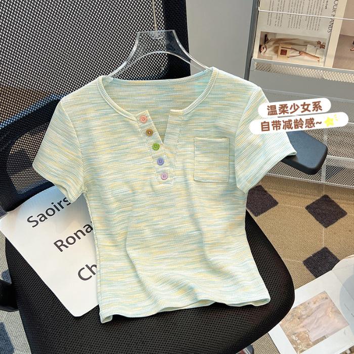 

No price reduction #colorful button front shoulder short-sleeved t-shirt women s new small fresh age-reducing striped top S