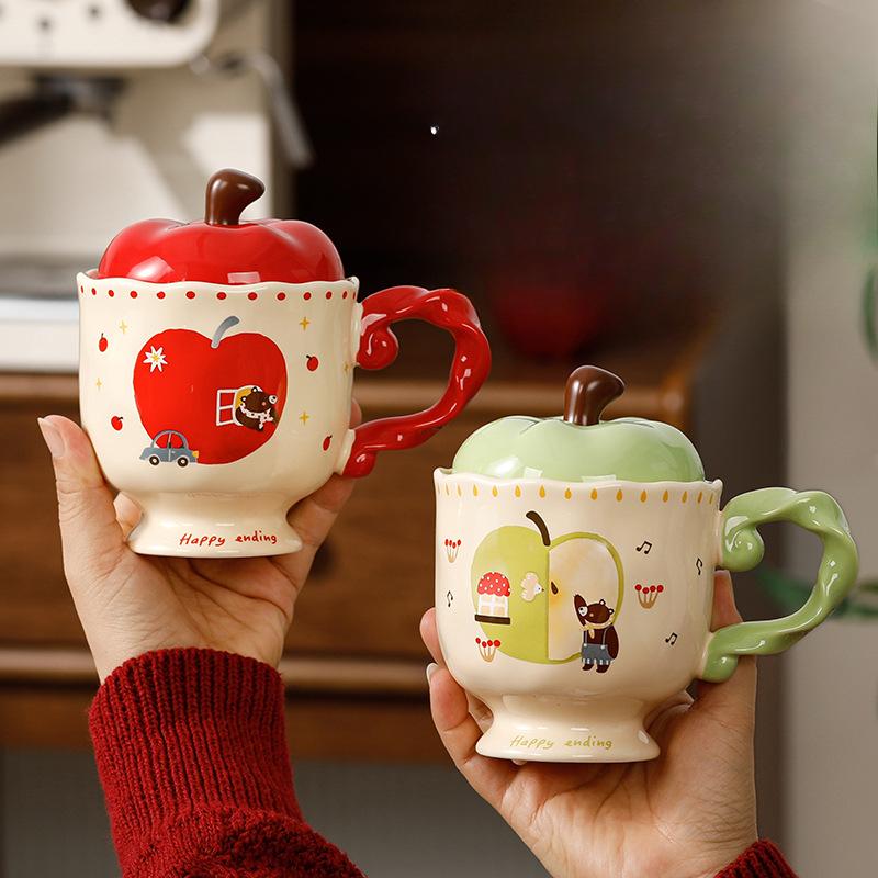 Cupa Drăguță Apple cu Capac Cană Ceramică Suvenir Cupă pentru Apă Potabilă Birou Cupă de Cafea cu Aspect Înalt Crăciun