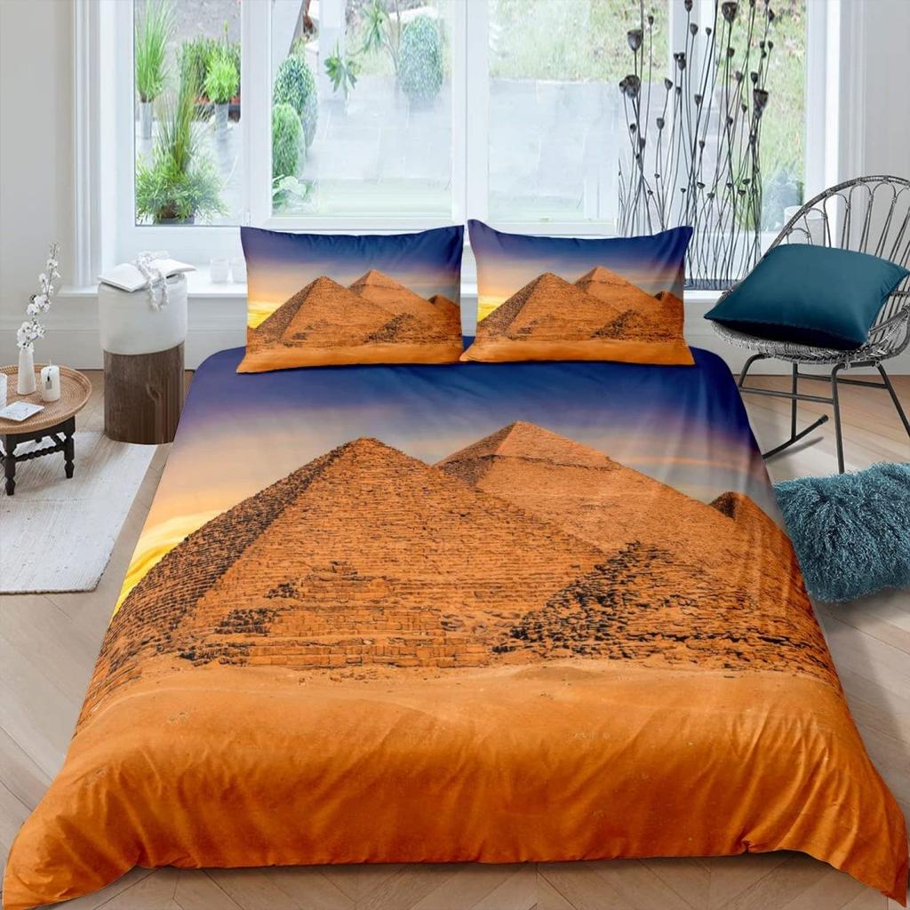 Vintage Påslakan Egyptiska Pyramider Berömt Landmärke Världens Underverk Världsarv Utsiktstryck Dekorativt 3 Delars för Rumsdekor