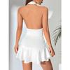 Women's Summer Sexy Halter Mini Dress Deep V Neck Ruched Waist Slim Fit Flared Backless Sleeveless Party Dress