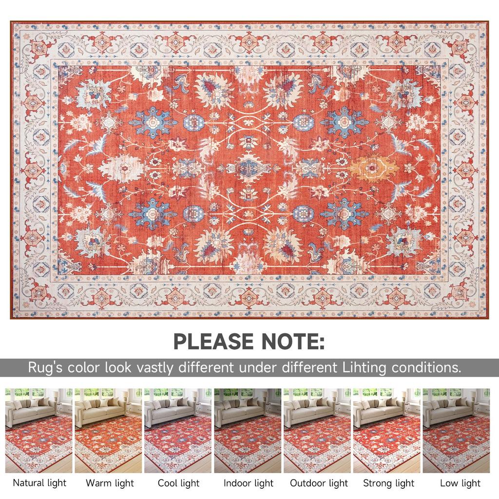 Vintage Bohe Washable Red Area Rug for Living Room, Bedroom, Office Ultra-thin Stain Resistant Indoor Low Pile Carpet