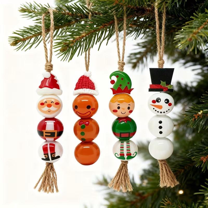 Christmas Snowman Wooden Beads Set DIY Xmas Tree Hanging Pendants Winter Santa Ornaments Creative Handmade Wood Loose Bead Decor