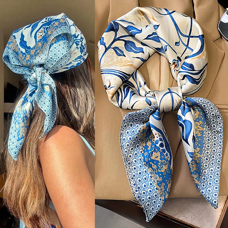 New Satin Hair Scarf Women Handkerchief Print Female Head Bandana Small Neck Muffler Hijab Lady Girl 70*70cm Square Shawls