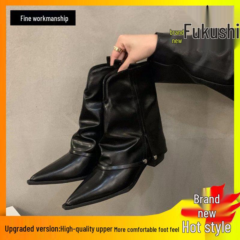 

Коричневые ботильоны на толстом каблуке с острым носком - Женские Весна/Осень 2025 Западный Уличный Стиль Ковбойские Ботинки Size 40