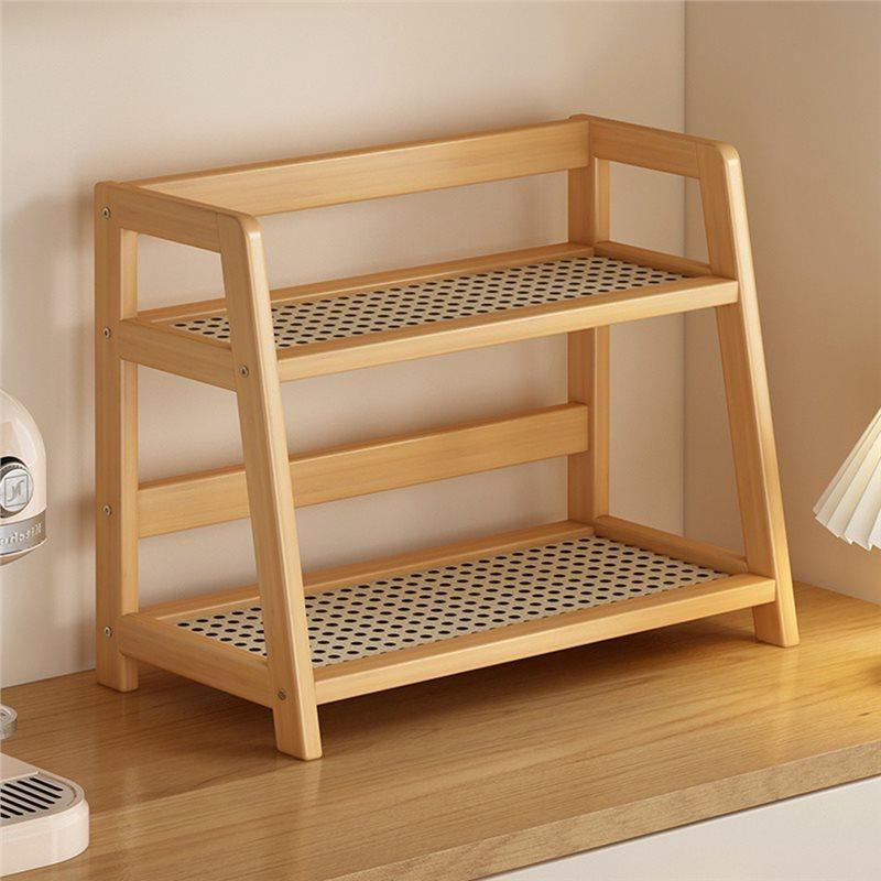 Desktop Rattan Wooden Storage Shelf For Kitchen Organizer Display Rack Spice Rack For Countertop Makeup Organizer