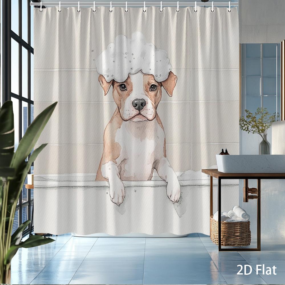 Cute Puppy Shower Curtain – Adorable Pitbull In Soap Bubbles, Cartoon Illustration On Waterproof Polyester, 12 Hooks Included