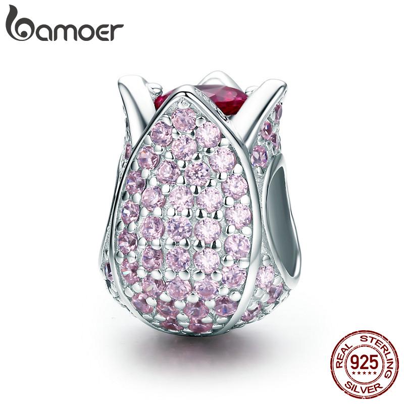

BAMOER Romantic 925 Silver Tulip Flower Petals Pink CZ Beads fit Women Bracelet & Necklaces DIY Jewelry Making SCC569 China Mainland