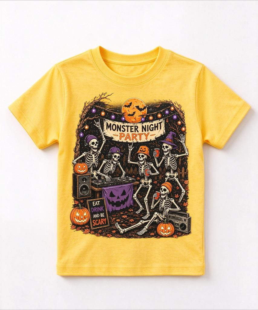 Halloween Kids Graphic Tee Skeleton Monster Night Party Print Boys Girls Casual Top