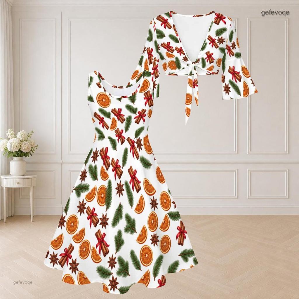 Women Plus Size Two Piece Midi Dress Set V Neck Half Sleeve Christmas Print White