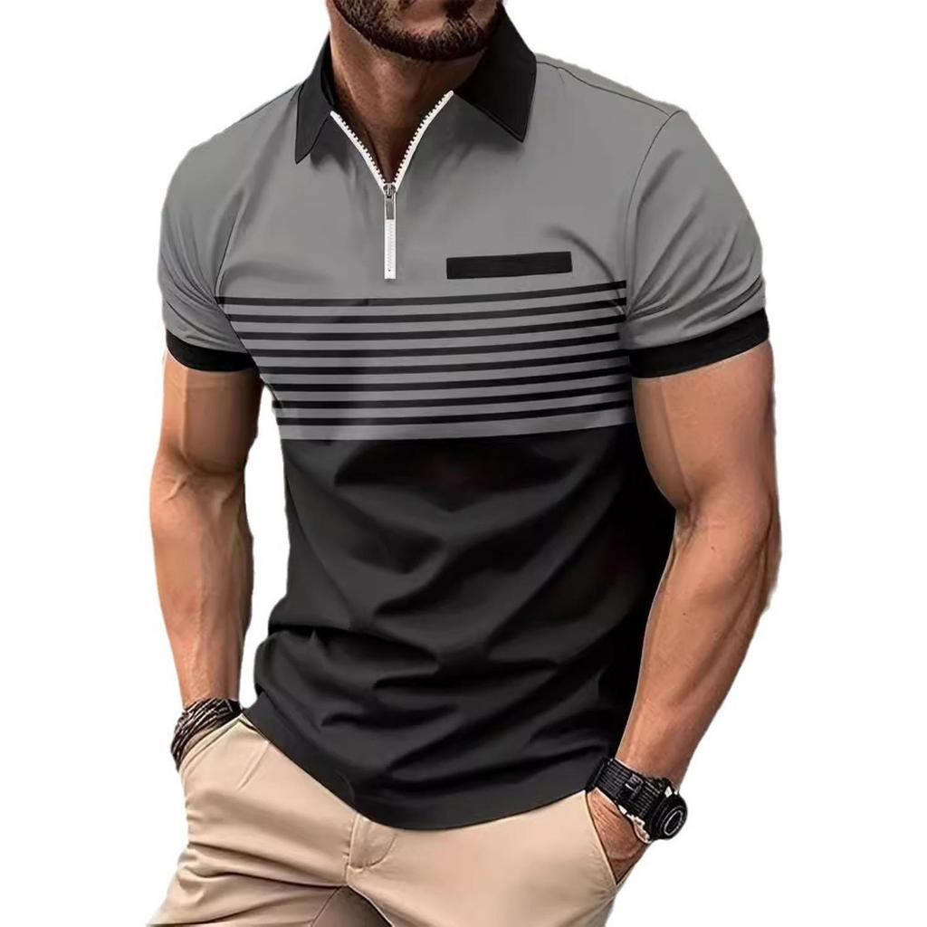 New Striped Printed Short Sleeve Top Men's Casual Lapel Zip Polo Shirt Polo